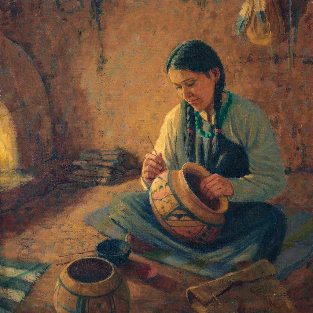 Artist Roger Williams of Santa Fe,  Western art, art , fine art, oil painting, Hopi, Native American ,pot maker, pueblo culture  